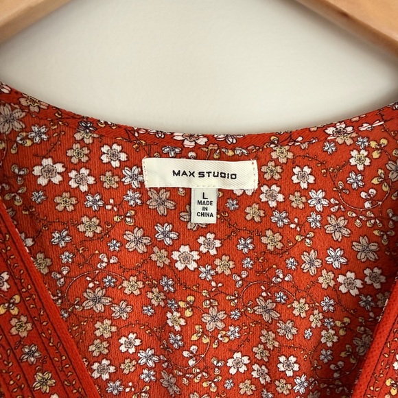 Max Studio 3/4 Sleeve Ruffle Tiered Bubble Crepe Red Floral Midi Dress Size L - Picture 2 of 3